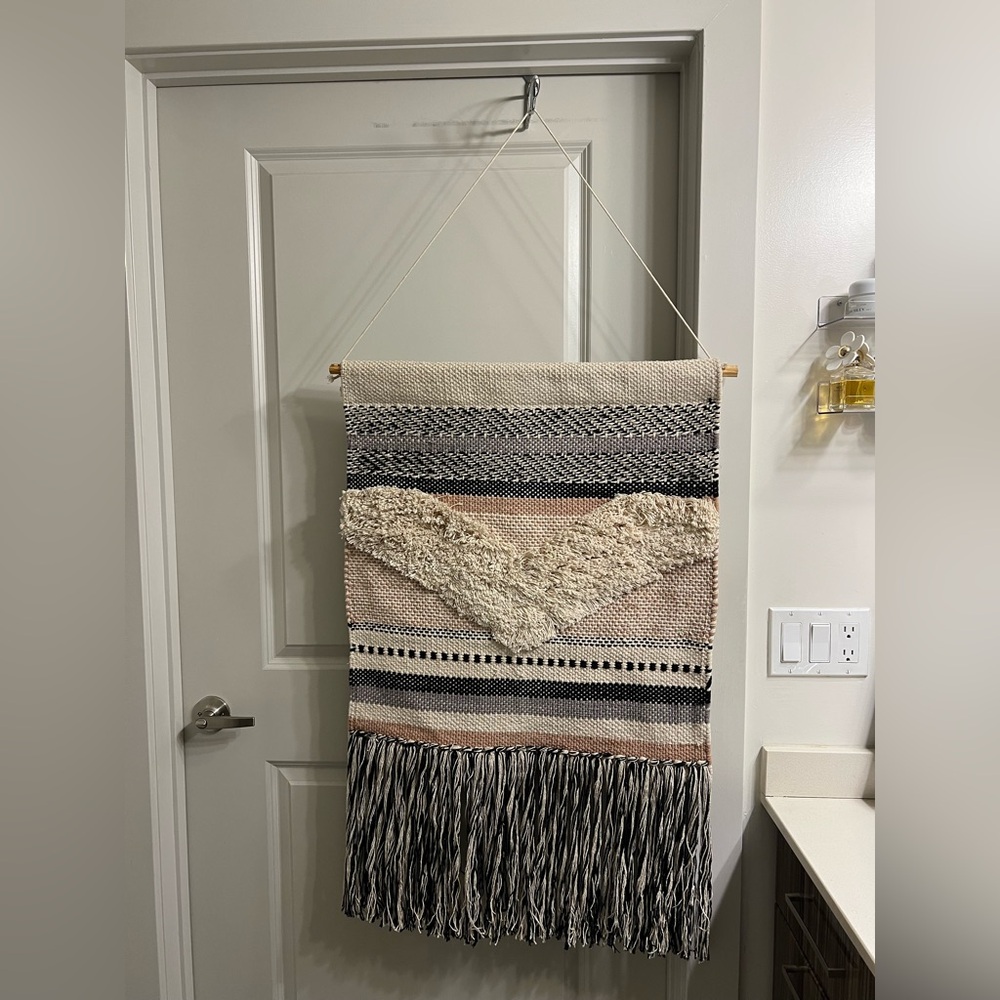 Bohemian Woven Wall Hanging in Black, Cream, and Tan